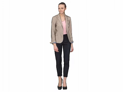 Woman Wearing Beige Blazer With Pink Top Black Pants And Black High Heels 3d model