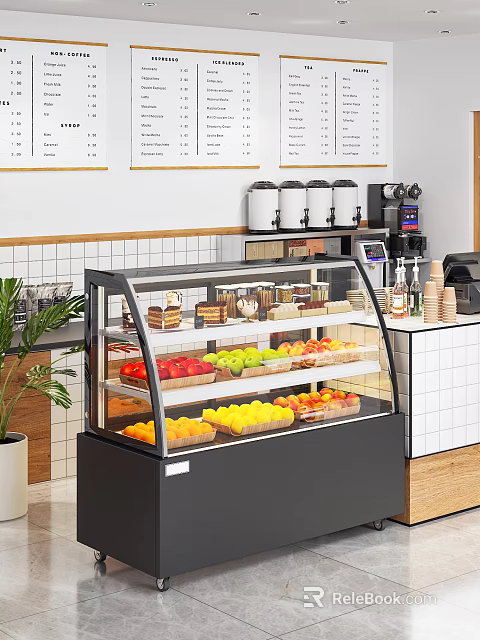 Cozy Milk Tea Shop Interior With Display Case And Fresh Fruits 3d model 