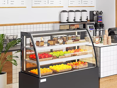Cozy Milk Tea Shop Interior With Display Case And Fresh Fruits 3d model