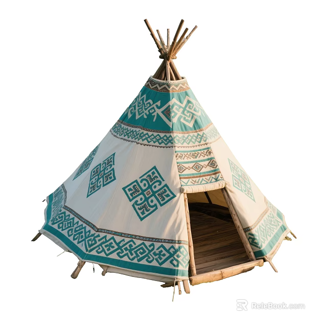 Cozy Campsite Featuring Traditional Tepee With Turquoise Geometric Patterns And Wooden Floor 3d model 