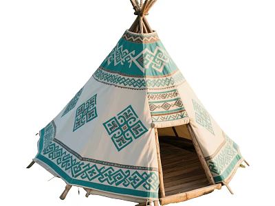 Cozy Campsite Featuring Traditional Tepee With Turquoise Geometric Patterns And Wooden Floor 3d model