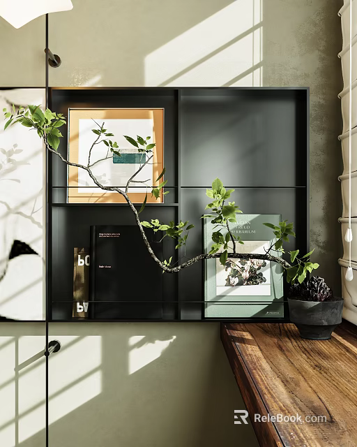 Modern Decorative Ornament Combination With Green Plant Photo Frames And Books On Shelving Unit 3d model 