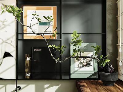 Modern Decorative Ornament Combination With Green Plant Photo Frames And Books On Shelving Unit 3d model