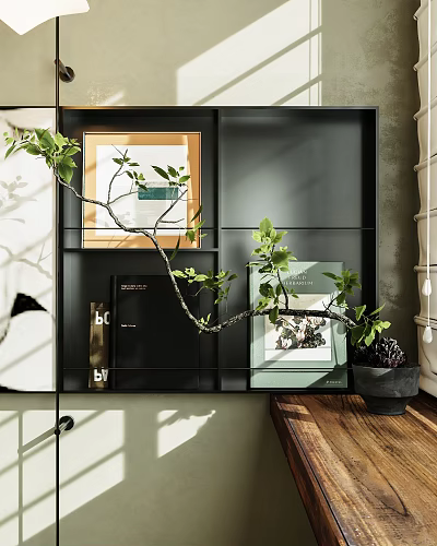 Modern Decorative Ornament Combination With Green Plant Photo Frames And Books On Shelving Unit 3d model