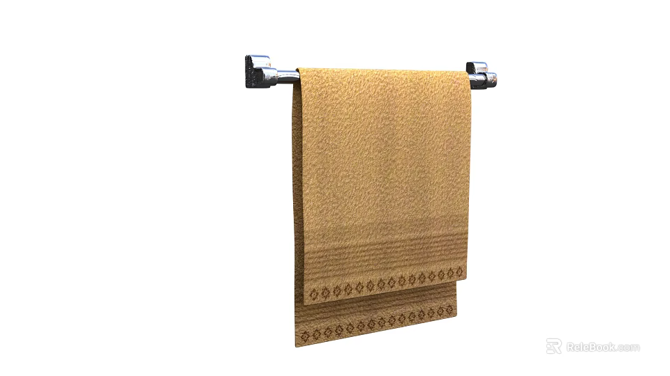 Soft Beige Cotton Towel Hanging On Chrome Metal Rack With Decorative Edges 3d model 
