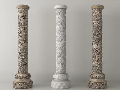 Traditional Carved Stone Columns With Intricate Dragon Patterns And Decorative Bases 3d model