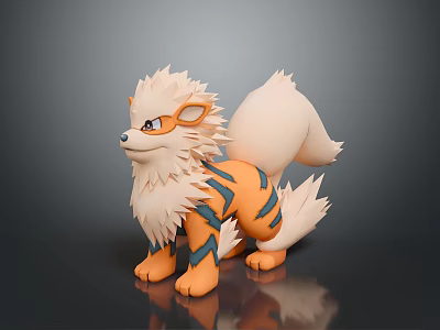 3D Mythical Fox Character Standing With White Fur Orange Body Blue Stripes And Fluffy Tail 3d model