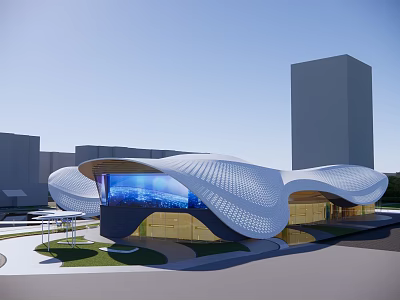Modern Sales Office Building with Curved White Roof Glass Facade and Digital Screen 3d model