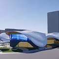 Modern Sales Office Building with Curved White Roof Glass Facade and Digital Screen
