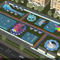 Fun Outdoor Water Playground With Slides Inflatable Castles Pools And Green Lawns