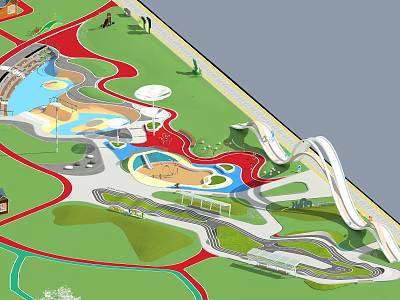 Colorful Park Landscape Design With Curved Paths Water Pools Slide And Green Lawns 3d model