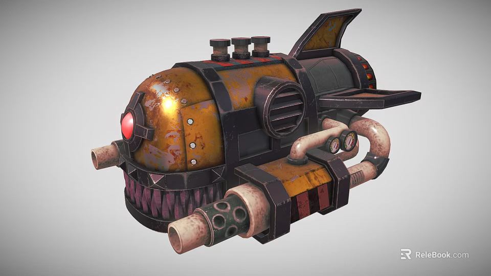 Steampunk Airplane With Yellow Black Body Red Light Tooth Structure Pipes And Shark Fin Tail 3d model 