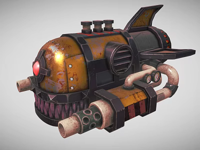 Steampunk Airplane With Yellow Black Body Red Light Tooth Structure Pipes And Shark Fin Tail 3d model