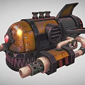 Steampunk Airplane With Yellow Black Body Red Light Tooth Structure Pipes And Shark Fin Tail