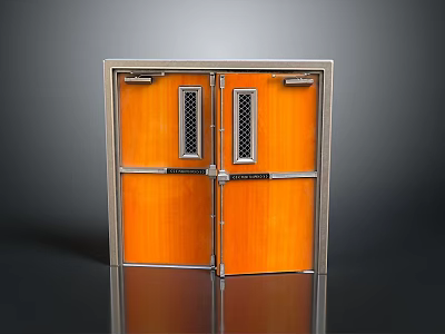 Orange Wooden Double Doors With Metal Frame Grilled Windows And Signs Above 3d model