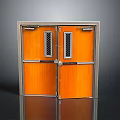 Orange Wooden Double Doors With Metal Frame Grilled Windows And Signs Above
