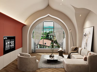 Elegant Living Room Interior With Arched Window Lake View Red Wall And Beige Sofa 3d model