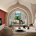 Elegant Living Room Interior With Arched Window Lake View Red Wall And Beige Sofa