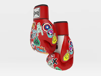 Vibrant Red Boxing Gloves With Cartoon Patterns Captain America Shield Smiley Faces And X Symbols 3d model