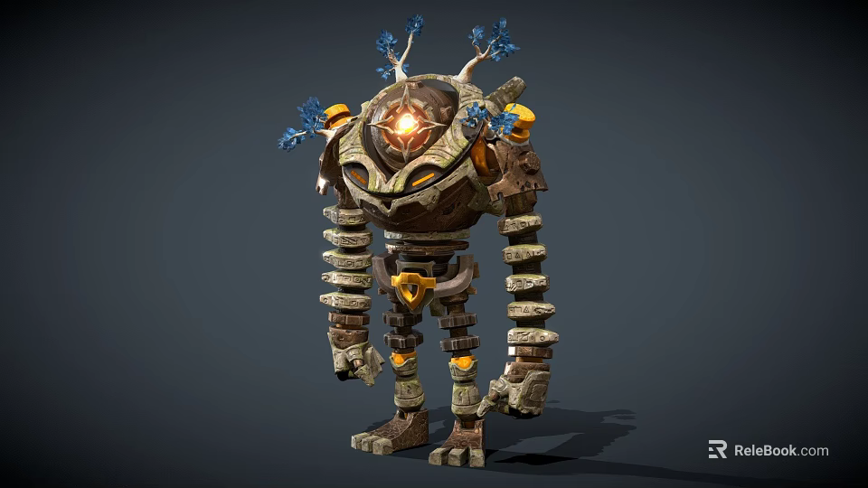 Game Movie Character With Mechanical Stone Body Glowing Core Head And Blue Branches 3d model 