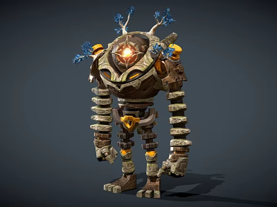 Game Movie Character With Mechanical Stone Body Glowing Core Head And Blue Branches 3d model