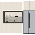 Modern Sideboard With Upper Cabinets Open Shelves Tableware And Silver Refrigerator 3d model
