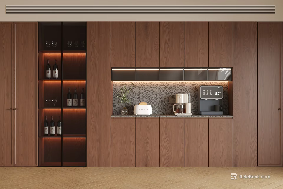 Modern Walnut Sideboard With Glass Door Wine Rack Marble Backsplash And Coffee Machine 3d model