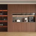 Modern Walnut Sideboard With Glass Door Wine Rack Marble Backsplash And Coffee Machine 3d model