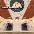 Elegant Modern Chinese Staircase With Marble Steps Golden Handrails Red Decor And Plant Accents