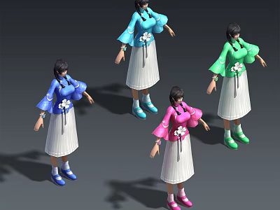 Women in Blue Green Pink Tops and White Pleated Skirts With Flower Decorations 3d model