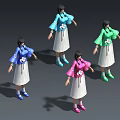 Women in Blue Green Pink Tops and White Pleated Skirts With Flower Decorations