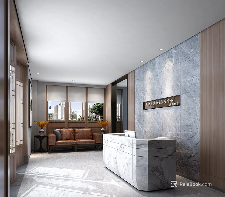 Elegant Front Desk Reception Area With Marble Counter Sofa Wooden Walls And Potted Plants 3d model 