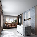 Elegant Front Desk Reception Area With Marble Counter Sofa Wooden Walls And Potted Plants