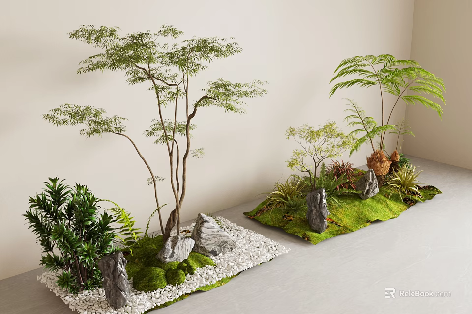 Indoor Plant Combinations with Small Trees Ferns Stones Moss and White Pebbles Decorative Arrangement 3d model 