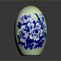 Greenish Vase With Blue And White Peony Flower Patterns On Black Background