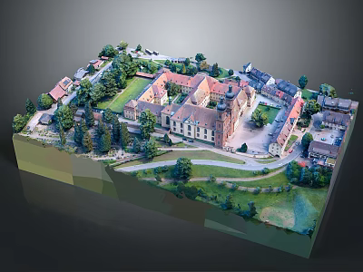 Red Brick Courtyard Buildings with Green Trees Lawns Roads and Scaled Model Layout 3d model