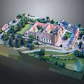Red Brick Courtyard Buildings with Green Trees Lawns Roads and Scaled Model Layout