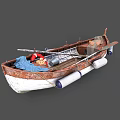 Wooden Boat With Lifebuoy Rope Fishing Net And Buoys Showcasing Rustic Wooden Structure Details