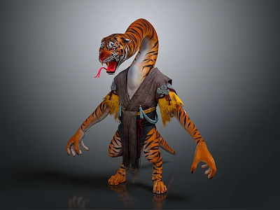 Mythical Tiger Hybrid Character With Humanoid Body Striped Fur And Yellow Feathers 3d model