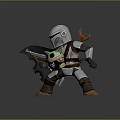 Game Movie Character Silver Armored Helmeted With Black Cape Holding Green Baby In Dynamic Stance