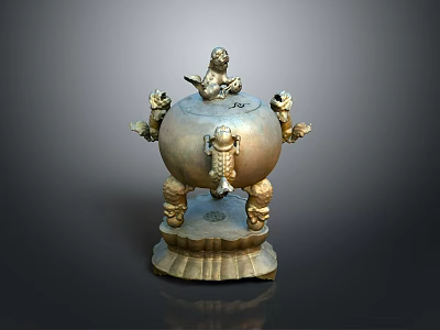 Ancient Bronze Censer With Mythical Beast Decorations And Three Legged Base 3d model