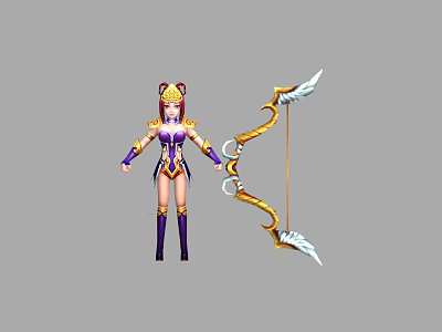 Fantasy Game Movie Female Character With Purple Gold Outfit Cat Ear Headpiece And Golden Bow 3d model