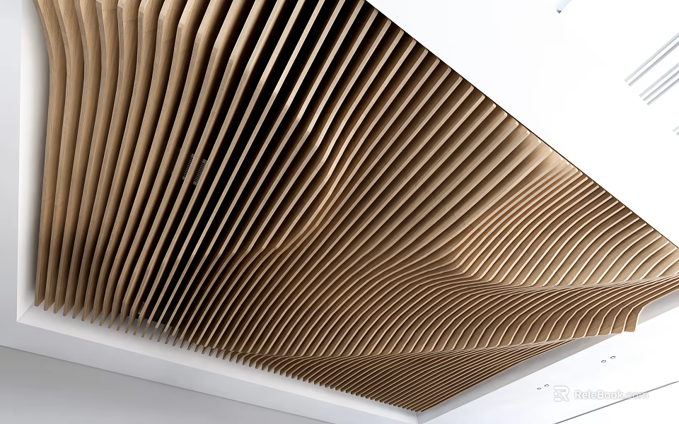 Modern Wave Striped Wooden Ceiling Design With Architectural Interior Features 3d model 