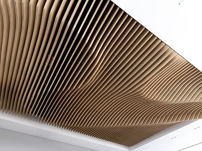 Modern Wave Striped Wooden Ceiling Design With Architectural Interior Features 3d model
