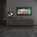 Modern Gray Wooden TV Stand with Drawers Decorative Items and Photo Frame in Stylish Interior