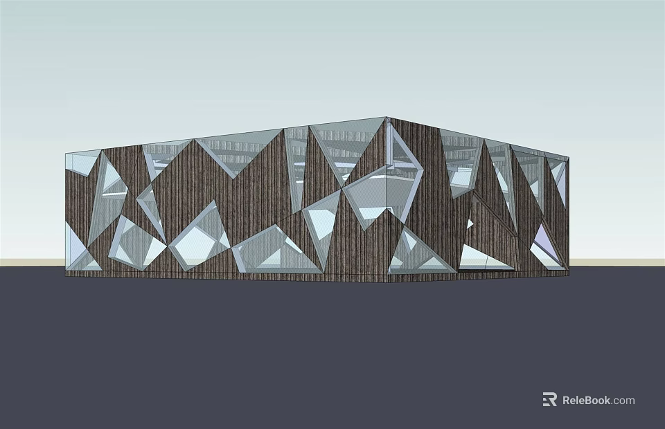 Modern Architectural Building With Geometric Facade Glass Curtain Wall And Wooden Structure 3d model 