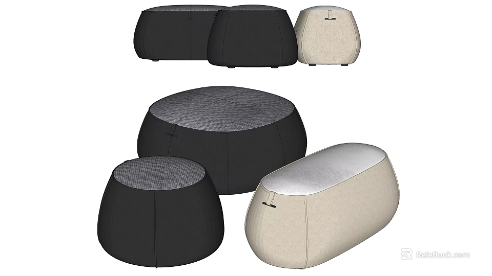 Modern Round Ottoman Pouf Set With Black And Beige Fabric Designs 3d model 