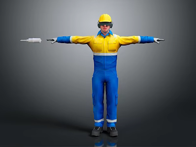 Construction Worker In Blue And Yellow Work Uniform Wearing Yellow Hard Hat With Arms Outstretched 3d model