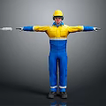 Construction Worker In Blue And Yellow Work Uniform Wearing Yellow Hard Hat With Arms Outstretched