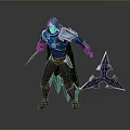 Hooded Man in Blue Silver Armor Holding Sword Spiked Weapon with Cloak and Icy Details